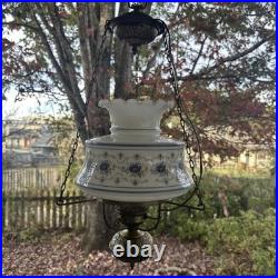 Vintage 70s Quoizel Abigail Adams Blue Floral Hanging Swag Chandelier Lamp