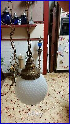 Vintage 8 Round Hobnail Milk Glass & Brass Plug-in Swag Hanging Lamp Light (93)