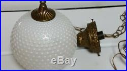 Vintage 8 Round Hobnail Milk Glass & Brass Plug-in Swag Hanging Lamp Light (93)