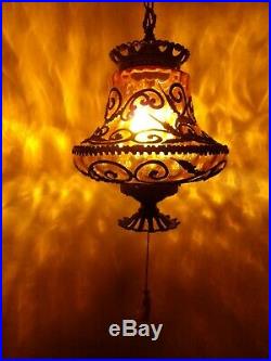 Vintage Amber Art Glass Swag Hanging Lamp Mid-Century STUNNING