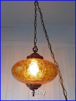 Vintage Amber Crackle Crinkle Glass Hanging Space Age Swag Lamp MID Century Mod