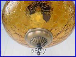 Vintage Amber Crackle Crinkle Glass Hanging Space Age Swag Lamp MID Century Mod