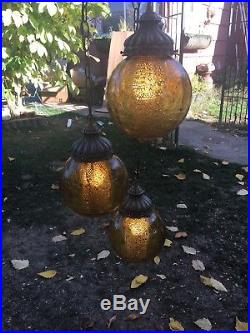 Vintage Amber Crackle Glass Hanging 3 Swag Globe Light Lamp