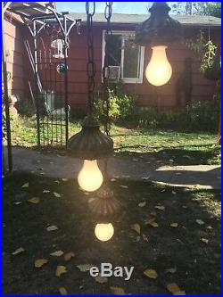 Vintage Amber Crackle Glass Hanging 3 Swag Globe Light Lamp