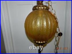 Vintage Amber Crackle Glass Swag Hanging Orb Globe Light Ornate Lamp pull chain
