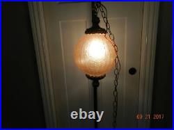 Vintage Amber Crackle Glass Swag Hanging Orb Globe Light Ornate Lamp pull chain