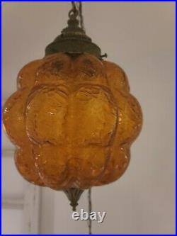 Vintage Amber Crackle Glass Swag Light Hanging MCM Lamp Plug in REWIRED