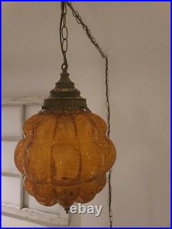 Vintage Amber Crackle Glass Swag Light Hanging MCM Lamp Plug in REWIRED