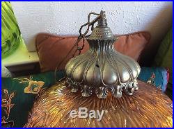 Vintage Amber Glass Globe Mid century Brass Light Chandelier Hanging Swag Lamp