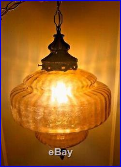Vintage Amber Glass Hanging Ceiling Swag Lamp Mid Century Modern Orb Light Globe