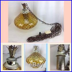 Vintage Amber Glass Hanging Ceiling Swag Lamp Mid Century Orb Light Globe