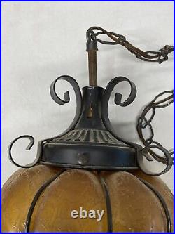 Vintage Amber Glass Hanging Light Lamp 16 x 8 Fixture WORKS Textured MCM