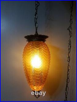 Vintage Amber Glass Hanging Light with Chain MCM Swag Lamp Ceiling Fixture