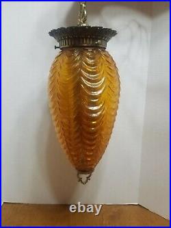 Vintage Amber Glass Hanging Light with Chain MCM Swag Lamp Ceiling Fixture