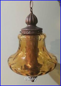 Vintage Amber Glass Hanging Swag Bell Shaped Lamp Light Retro Metal Diffuser