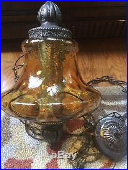 Vintage Amber Glass Hanging Swag Bell Shaped Lamp Light Retro Metal Diffuser