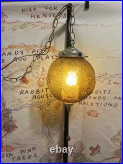 Vintage Amber Glass Hanging Swag Lamp Grapes Embossed Globe Pull Chain Light