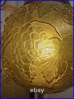 Vintage Amber Glass Hanging Swag Lamp Grapes Embossed Globe Pull Chain Light