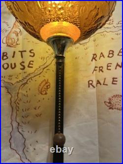 Vintage Amber Glass Hanging Swag Lamp Grapes Embossed Globe Pull Chain Light