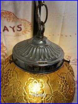 Vintage Amber Glass Hanging Swag Lamp Grapes Embossed Globe Pull Chain Light