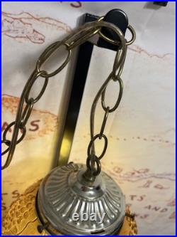 Vintage Amber Glass Hanging Swag Lamp Grapes Embossed Globe Pull Chain Light