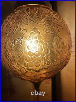 Vintage Amber Glass Hanging Swag Lamp Grapes Embossed Globe Pull Chain Light