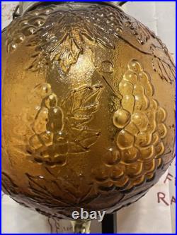 Vintage Amber Glass Hanging Swag Lamp Grapes Embossed Globe Pull Chain Light