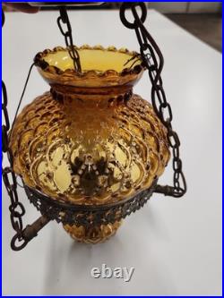 Vintage Amber Glass Hanging Swag Lamp Light Fixture