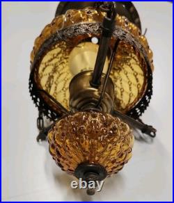 Vintage Amber Glass Hanging Swag Lamp Light Fixture