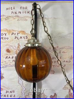 Vintage Amber Glass Hanging Swag Lamp Ribbed Globe Brass Chain Mid Century
