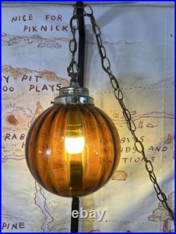 Vintage Amber Glass Hanging Swag Lamp Ribbed Globe Brass Chain Mid Century