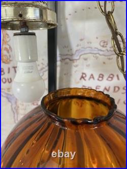 Vintage Amber Glass Hanging Swag Lamp Ribbed Globe Brass Chain Mid Century