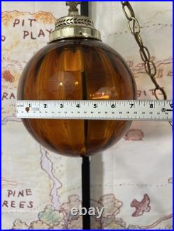 Vintage Amber Glass Hanging Swag Lamp Ribbed Globe Brass Chain Mid Century