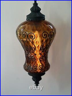 Vintage Amber Glass Pendant Light Ceiling Hanging Mid Century SWAG LAMP MCM