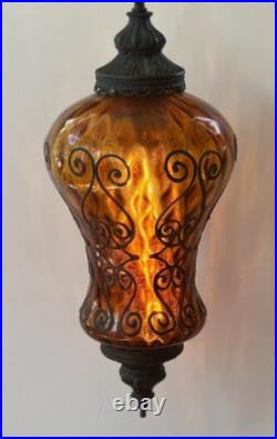 Vintage Amber Glass Pendant Light Ceiling Hanging Mid Century SWAG LAMP MCM