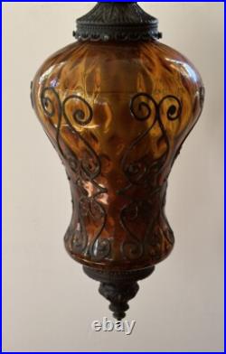 Vintage Amber Glass Pendant Light Ceiling Hanging Mid Century SWAG LAMP MCM