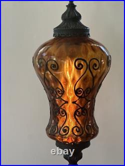 Vintage Amber Glass Pendant Light Ceiling Hanging Mid Century SWAG LAMP MCM