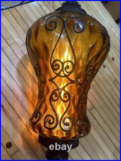 Vintage Amber Glass Pendant Light Ceiling Hanging Mid Century SWAG LAMP MCM