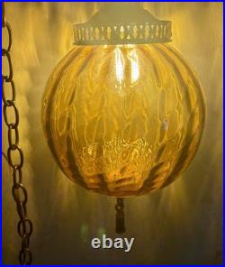 Vintage Amber Glass Swag Lamp Hanging Ceiling Fixture 1970s Brass Pull Chain
