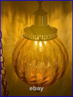Vintage Amber Glass Swag Lamp Hanging Ceiling Fixture 1970s Brass Pull Chain