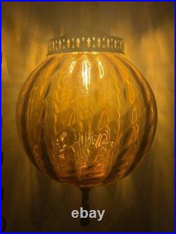 Vintage Amber Glass Swag Lamp Hanging Ceiling Fixture 1970s Brass Pull Chain