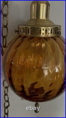 Vintage Amber Glass Swag Lamp Hanging Ceiling Fixture 1970s Brass Pull Chain