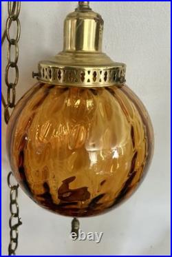Vintage Amber Glass Swag Lamp Hanging Ceiling Fixture 1970s Brass Pull Chain