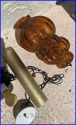 Vintage Amber Glass Swag Lamp Hanging Hollywood Regency Retro Lamp Light Boho