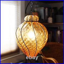 Vintage Amber Glass Swag Lamp Large Mid Century Amber Glass Hanging Light Fixt