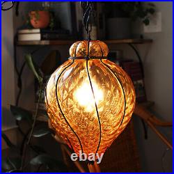 Vintage Amber Glass Swag Lamp Large Mid Century Amber Glass Hanging Light Fixt