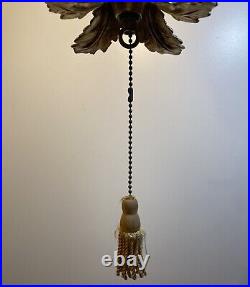 Vintage Amber Glass Swag Light Hanging Ceiling Lamp Texture Hollywood Regency