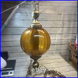 Vintage Amber Glass Swag Light Lamp LARGE WORKS 35 inch round