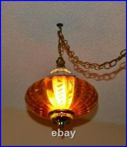 Vintage Amber Glass UFO Shaped Swag Hanging Lamp