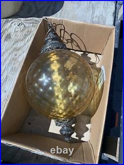 Vintage Amber Globe Hanging Swag Lamp Light Chain with Diffuser Metal Accents